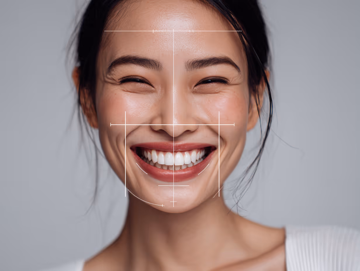 Smiling Asian woman with dark hair and white teeth, with facial measurement lines overlaid.