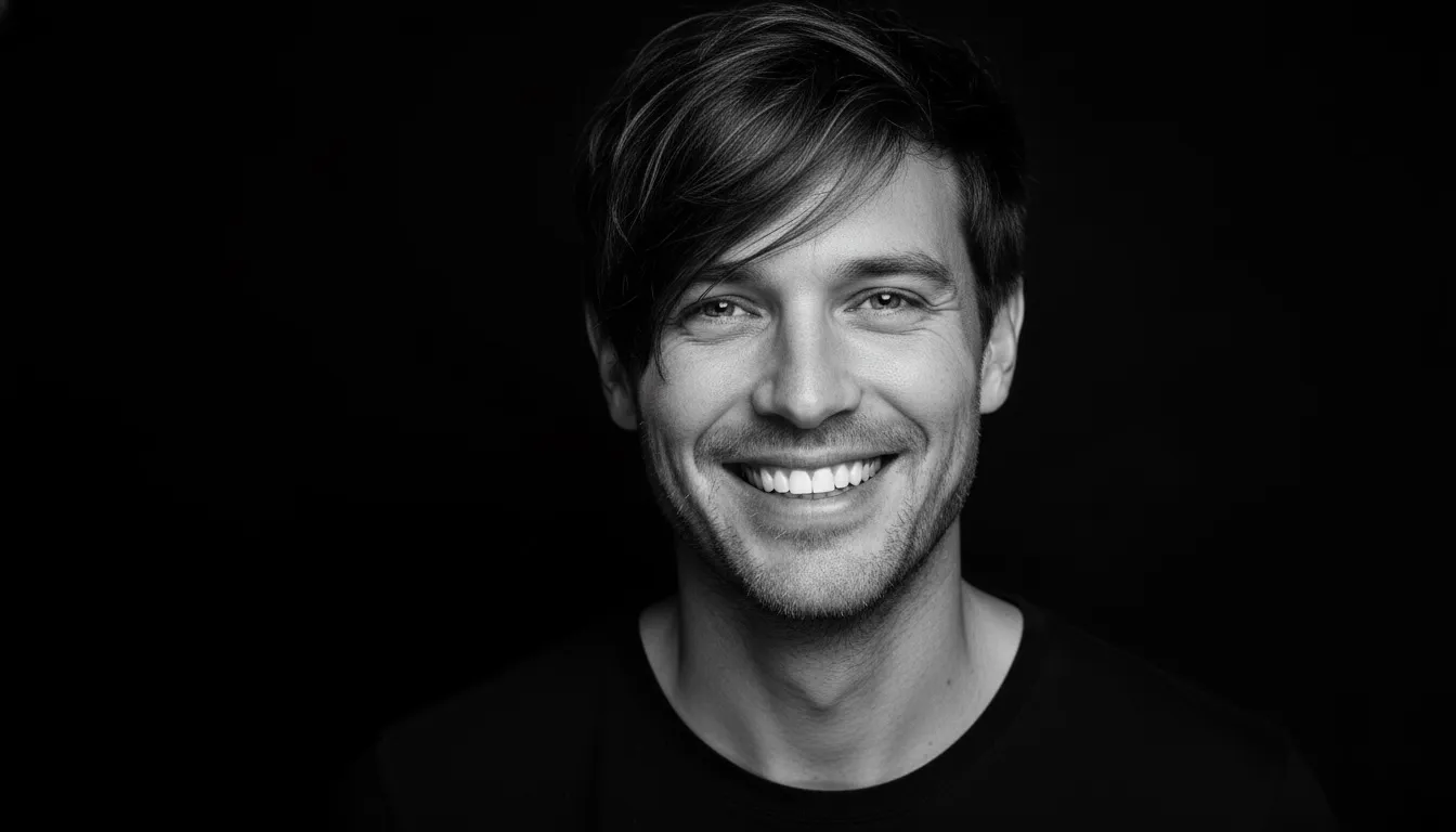 Smiling young man with tousled hair against a black background.