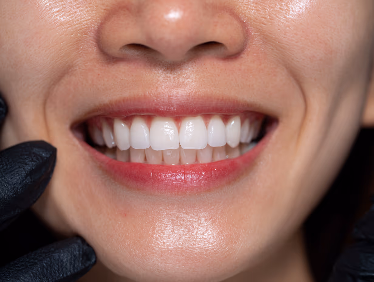 Close-up of a smiling person with white teeth and black-gloved fingers on their cheeks.
