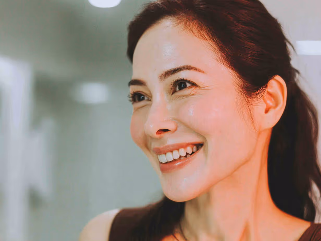 Close-up of a woman with dark hair smiling brightly in a softly lit indoor setting.