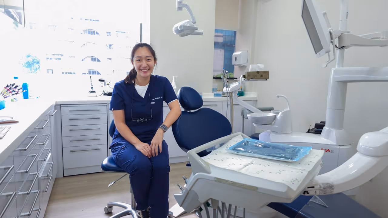 dr.pearlyn alone in clinic chair