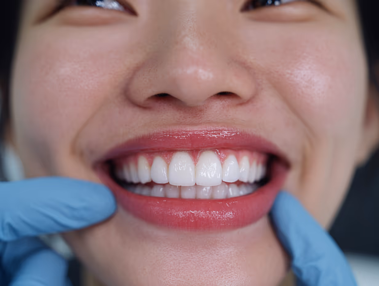 Close-up of a smiling mouth with white teeth and red lipstick, showing skin texture and subtle grid overlay.