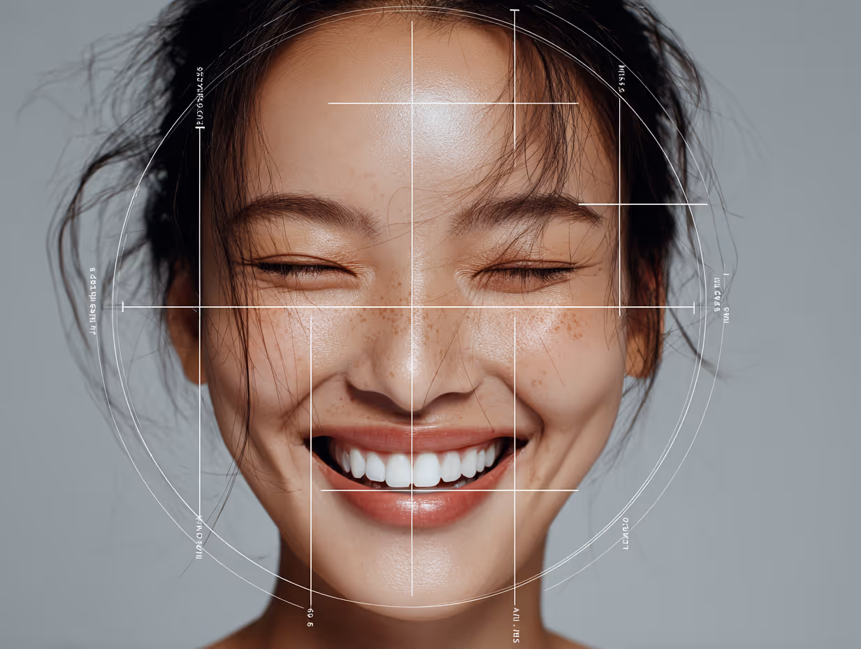 Close-up of a smiling Asian woman’s face with white measurement lines highlighting facial features.