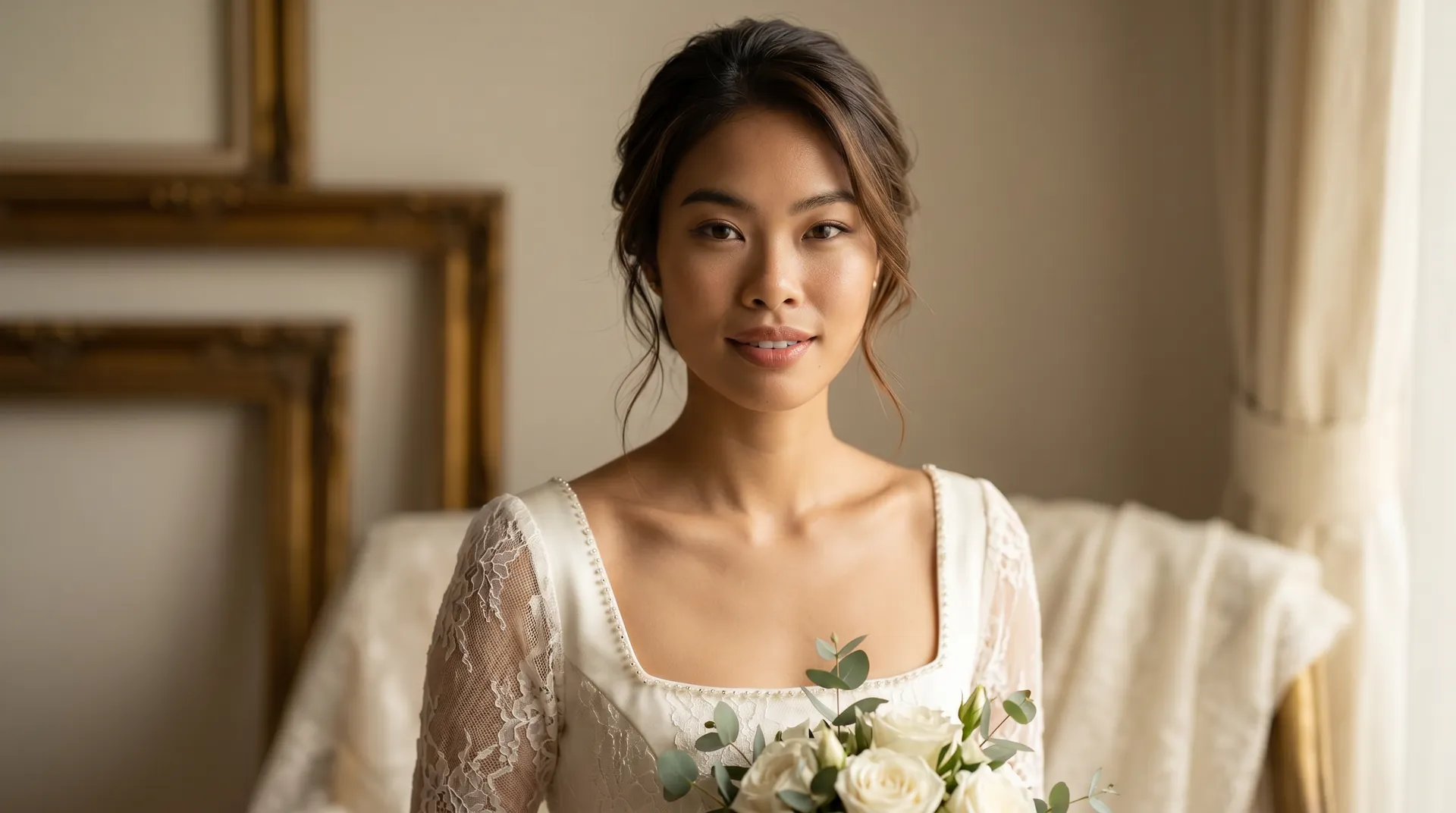 A bride with a soft, serene smile holding white roses in a warm interior